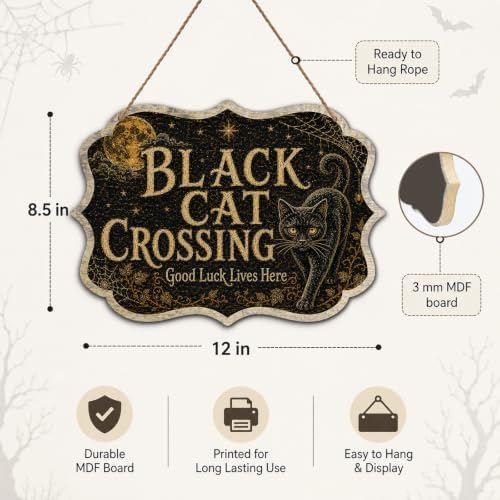 Vintage Black Cat Crossing Wooden Sign with Hanging Rope 8.5x12 Inch Gothic Halloween Wall Plaque, Moon Spider Web Witchy Farmhouse Decor for Front Door Porch Indoor Outdoor Wall Hanging Art （A01） - Image 2