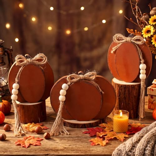 Cinnvoice 3 Pcs Fall Pumpkin Decor, Brown Wooden Tabletop Signs, 4.7 in - Image 4