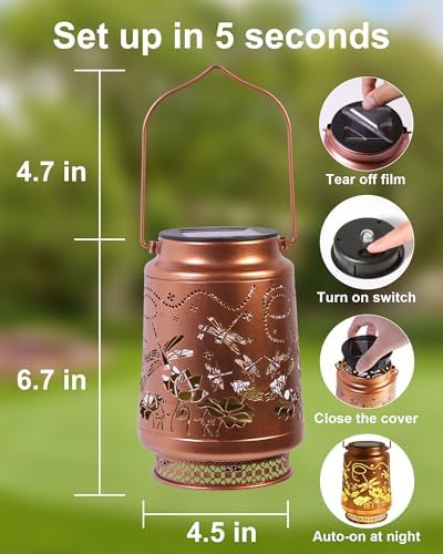 2 Pack Dragonfly Solar Lanterns Outdoor Waterproof, Garden Decor Birthday Gifts for Women Mom Grandma Sister, Metal Hanging Solar Lights Outside Decorative for Backyard Patio Lawn Pathway Landscape - Image 6