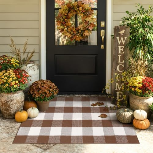 Uphome Bufflo Plaid Outdoor Rug 27.5"x43", Fall Decor Checkered Front Door Mat, Indoor Outdoor Farmhouse Cotton Porch Rug for Layered Door Mats, Washable Brown Area Rugs for Patio Entryway - Image 3