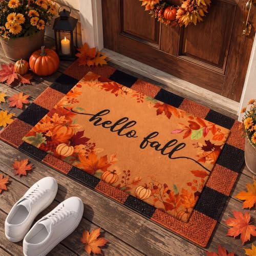 Honoson 2 Pack Fall Doormat, Orange Black Checkered Rug Non Slip Backing by Honoson