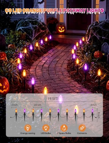 19.5Ft Halloween Pathway Lights, 10 Pack C9 LED Purple and Orange Lights - Image 2