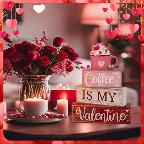 Lineshading 4 Pcs Valentine Coffee Wood Block Signs, Tiered Tray Decor - Image 5
