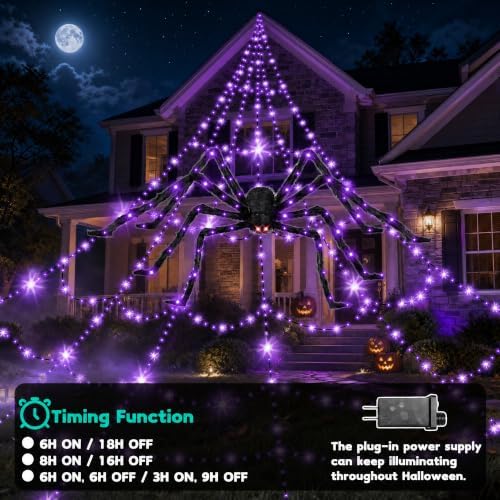 Makion 550 LEDs Halloween Decorations Outdoor Spider Web Lights with Spider - Image 4