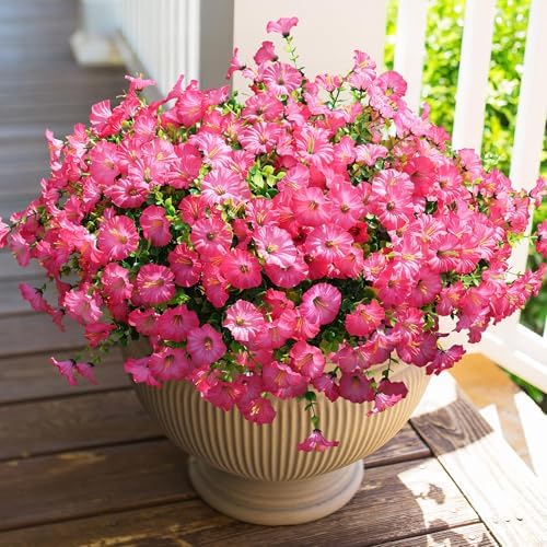 HyeFlora Artificial Flowers for Outdoors Fake Plants Outside Decoration, 12 Bundles Silk Pink Morning Glory with Eucalyptus UV Resistant Look Real Faux Flowers for Planter Front Door Yard Gardens Home by HyeFloraartificialflowers