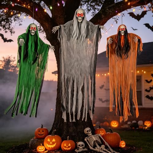 3 Pack Halloween Hanging Skeleton Ghost Decorations with Light Up Red Eyes - Image 2