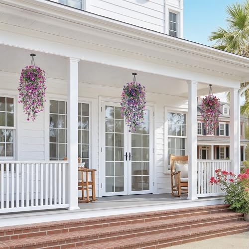 QCQHDU Artificial Hanging Flowers for Outdoors,2Pcs Fake Hanging Plants 29.5 Inch Long for Spring Summer Decoration,UV Resistant Faux Flowers for Patio Porch Garden Yard Balcony Decor, Double Purple - Image 4