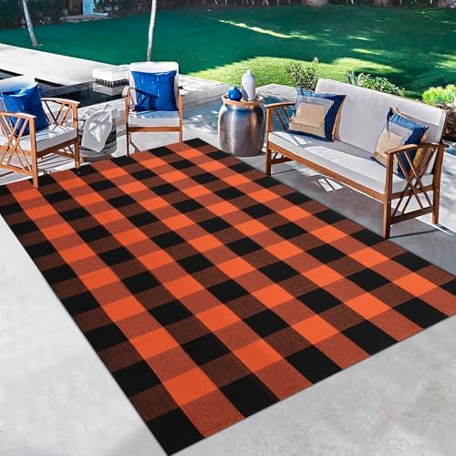 Fall Decor Buffalo Plaid Outdoor Rug 4x6 Ft Orange and Black Checkered Area Rug Halloween Washable Fall Indoor Outdoor Rugs for Porch, Entryway, Hallway, Kitchen, Living Room, Dining Room - Image 4
