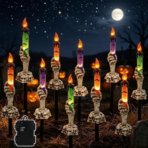 LJLNION Halloween Decorations, 10 Pack Tabletop Candle Lights with Skeleton Ghost Hand, Waterproof Lighted Yard Stakes, Battery Operated for Light Up Halloween Indoor/Outdoor Garden Decor - Image 5