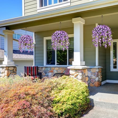 Artificial Fake Hanging Hibiscus Flowers Plants Baskets for Outdoor Decoration, Faux Silk Hibiscus Long Vines in Planter UV Resistant Realistic Flowers for Outside Porch Patio Home Decor, Darkpurple - Image 6