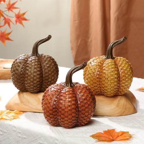 Hollyone Fall Pumpkins Decor, 3PCS Rattan Resin Pumpkins for Decorating Figurines Decorative Pumpkin for Home Autumn Harvest Thanksgiving Halloween Party Wedding Table Centerpiece Indoor Decor - Image 5