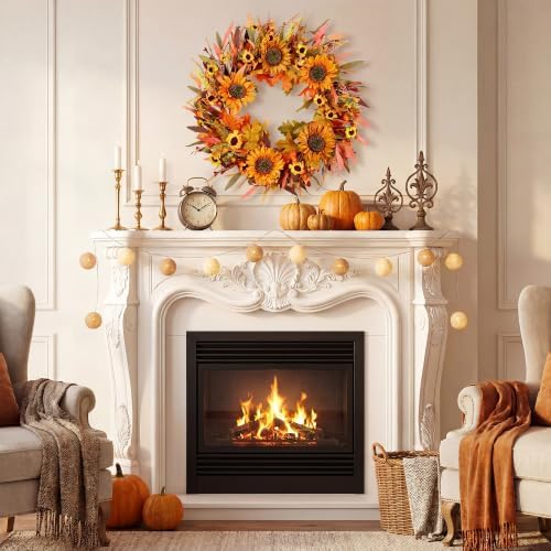 Pinkpum 24" Fall Wreath Front Door Sunflower Artificial Wall Decor Autumn - Image 4