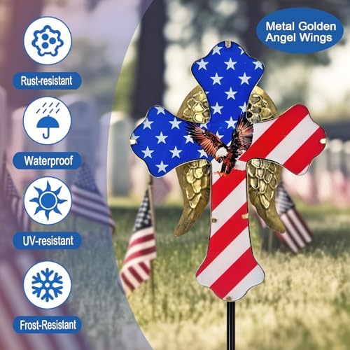 4th of July Decorations Outdoor,Solar Cross for Cemetery Grave Yard Decor | Cemetery Decorations Garden Stakes,Patriotic Eagle Cross Solar Lights Outdoor Pathway,Lawn,National Day Remembrance Gifts - Image 2