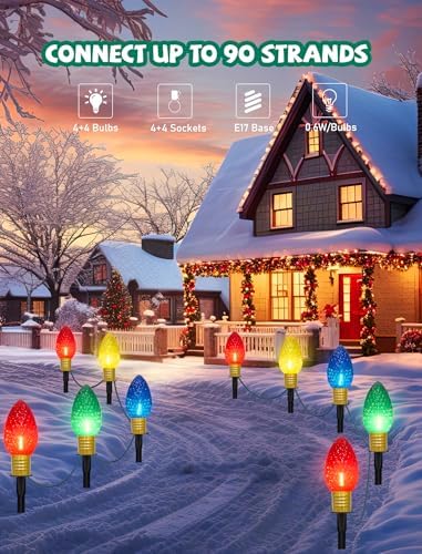 Jumbo C9 Christmas Pathway Lights Outdoor, 2 Pack 7FT Christmas Yard Decorations with 8 Jumbo C9 LED Strawberry Multicolor Bulbs Christmas Walkway Lights for Outside Holiday Lawn Garden Driveway Decor - Image 4