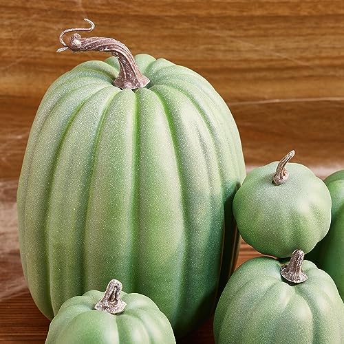 Lizxun 7Pcs Artificial Pumpkins Halloween Decoration, Lifelike Simulation Mixed Harvest Fall Foam Pumpkins for Halloween Thanksgiving Home Party Supplies (Dark Green 01-7pcs) - Image 5