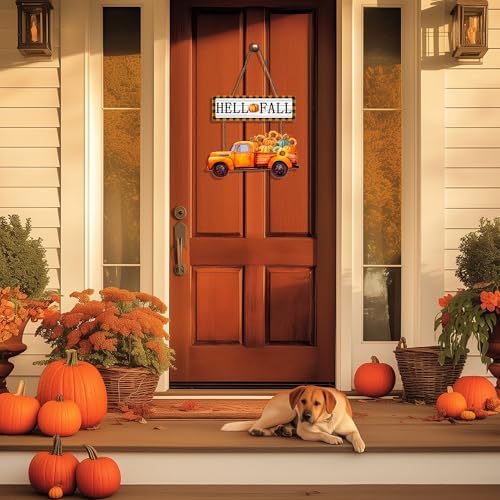 Hello Fall Hanging Sign for Front Door - 14.5"x9" Thanksgiving Welcome Door Sign with Pumpkins - Farmhouse Vintage Autumn Decoration for Fall Porch Home Wall - Image 6