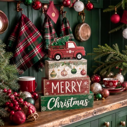 Lineshading 4 Pcs Christmas Table Decor, Red Truck Tree Block Sign Home - Image 4