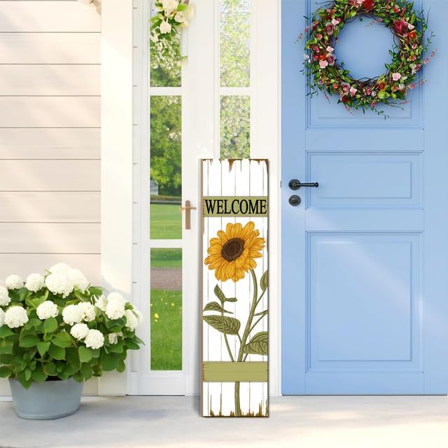Sunflower Welcome Wood Porch Sign 31.5inx7.8in, Summer Spring Porch Leaner for Front Door Porch Deck Patio or Wall, Spring & Summer Farmhouse Decorations Rustic Vertical Porch Decor - Image 4