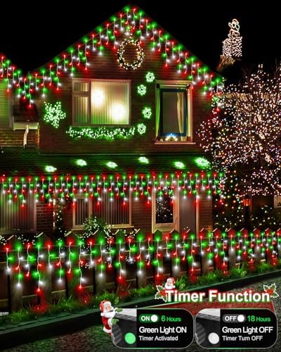 Christmas Lights Outdoor, 53 FT 486 LED Christmas Lights for Outside, Timer & Memory, Plug in 8 Modes Hanging Fairy Light with 108 Drops for House Eaves Yard Patio Decorations, Red Green and White - Image 6
