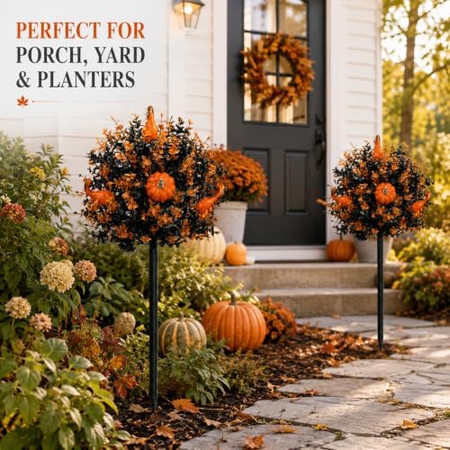 2 Pack Fall Pumpkin Topiary Trees with Stakes, 22 Inch (Black) - Image 5
