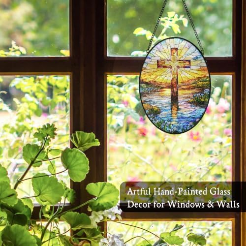 Cross Forget Me Not Stained Glass Window Hanging Suncatcher - Image 4