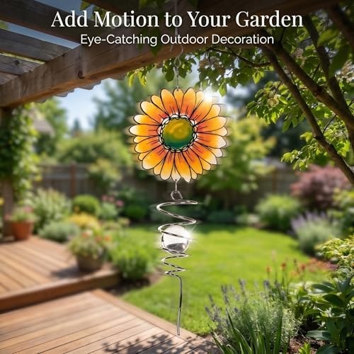 18" Wind Spinner Outdoor Hanging Metal Figurine Spinner for Garden Décor Ornaments,Lawn Yard Patio,Sunflower - Image 3