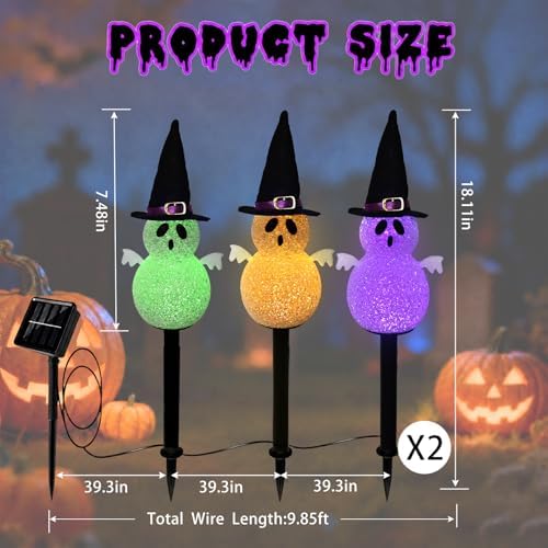 BRIGHTDECK Halloween Solar Pathway Lights Outdoor, LED Decor, Light Up Solar Stake Lights for Holiday, Halloween, Walkway, Sidewalk (Multicolor Hat Ghost, 6-Pack) - Image 3