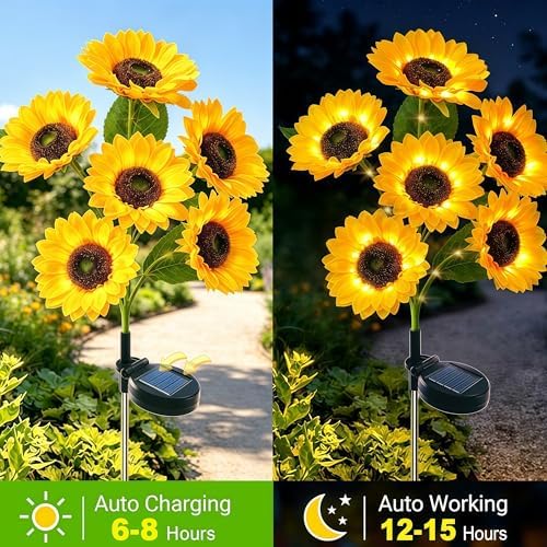 Solar Garden Lights Outdoor, 4 Pack Solar Sunflower Lights with 24 Sunflower, Waterproof Long-Lasting Outdoor Solar Patio Decor Suitable for Yard, Lawn, Pathway, and Backyard Decoration - Image 5