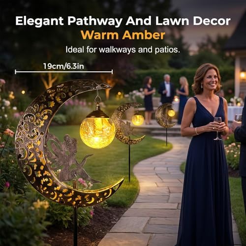 Hummingbird Moon Solar Garden Stake Light,Solar Garden Lights Outdoor Decor,Crackle Glass Fairy Lights,Solar Lights for Garden,Metal Stake Ornament for Patio Lawn Pathway Decor (Moon) - Image 3