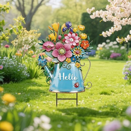 RattanView Summer Garden Decor for Outside, 26'' Decorative Garden Stakes Metal Watering Can with Flowers for Summer Decor Welcome Yard Signs for Outdoor Lawn Backyard Patio Porch Pathway by RattanView