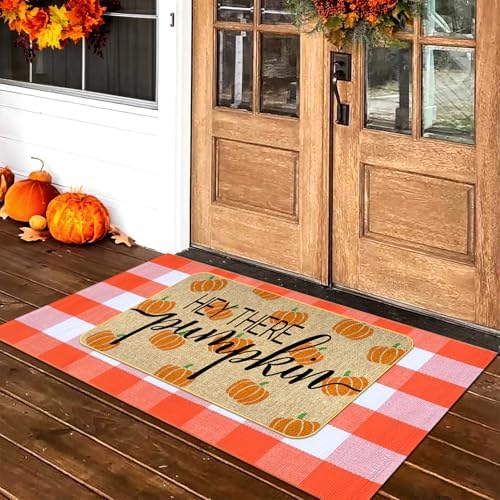Fall Outdoor Rug Set, Hello Pumpkin Door Mat 28 x 43 in, 2 Pcs Welcome Mat Set, Orange and White Plaid Rug, Fall Front Porch Entryway Doormat Indoor Outdoor Decor, Thanksgiving Buffalo Plaid Mats - Image 4