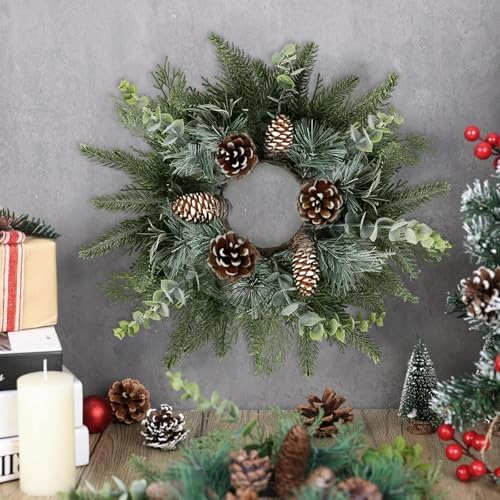 6 PCS Christmas Mini Cabinet Wreaths for Kitchen with Burlap Ribbon Norfolk Snowy Pine Needles Garland Pinecones Artificial Cedar Wreaths for Xmas Front Door Window Home Table Pillar Chair Wall Decor - Image 2