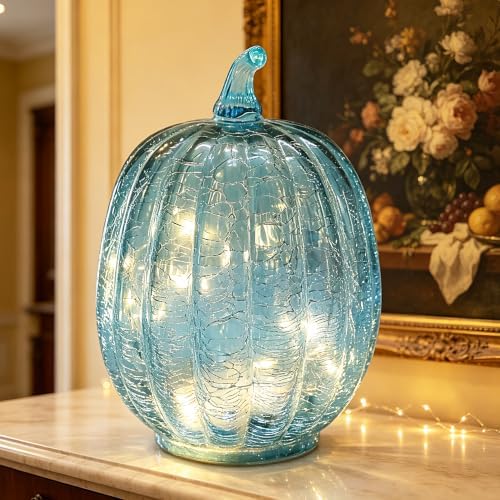 Fall Decorations for Home,Crackled Glass Pumpkin Lights with Timer(Blue) - Image 2