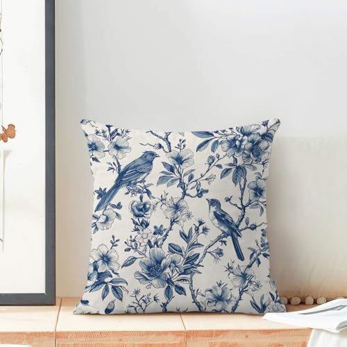Navy Blue Spring Floral Pillow Covers 18 x 18 Inch Set of 2 for Chinoiserie Vintage Flowers Bird Decor Throw Pillows Plant Farmhouse Outdoor Decorative Cushion Cases for Couch Bed Decorations - Image 3