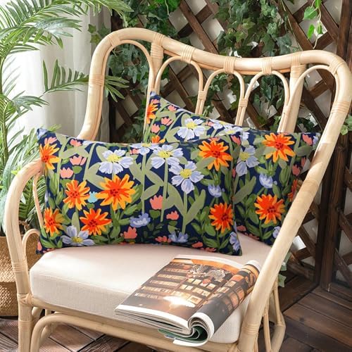 Pyonic Floral Outdoor Lumbar Pillows Covers 12x20 inch Waterproof Spring Summer Decor Outdoor Pillows for Patio Furnture Garden Bench Porch,Navy Blue - Image 7