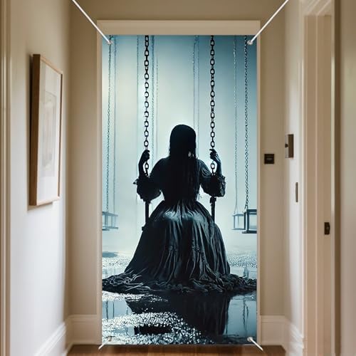 INV Creepy Girl Swing Door Cover 35x71 Inch Double Sided Spooky Haunted House Door Decoration for Halloween Front Door Porch Horror Entryway Indoor Outdoor Scary Decor - Image 6