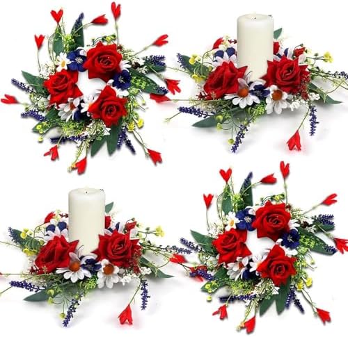 4 Pcs Patriotic Red White Blue Candle Rings, 3 Inch Pillars Candle Wreaths for Veterans Day, 4th of July, Independence Day, American Floral Rings for Table, Window, Door Decor by Unknown
