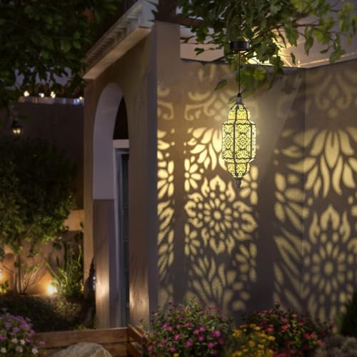 Twinkya 2 Pack Hanging Solar Lights Outdoor Garden Decorative Solar Lantern Waterproof Metal Moroccan Outdoor Decorations for Patio Pathway Yard Porch Backyard Garden Decor (White, 2 Pack) - Image 2