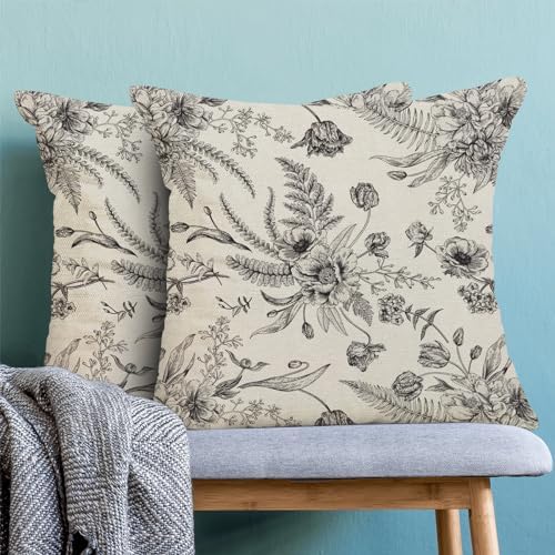 CXMEIFLY Spring Floral Leaves Pillow Covers 20 x 20 Inch Set of 2 for Chinoiserie Flowers Decor Throw Pillows Black and White Seasonal Plant Outdoor Decorative Cushion Cases for Couch Bed Decorations - Image 2