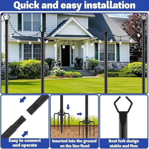 8 Pack 10 ft Heavy Duty Metal String Light Poles Adjustable Outdoor Lighting Stand for Patio,Backyard,Garden,Party & Wedding Rustproof & Sturdy with Hooks - Image 5