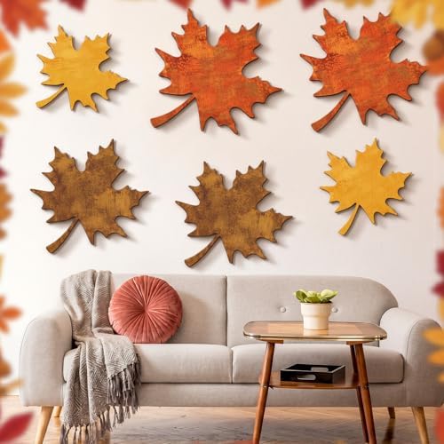 CroBlissful 6 Pcs Fall Maple Leaves Wall Decor Autumn Wooden Wall Art - Image 4