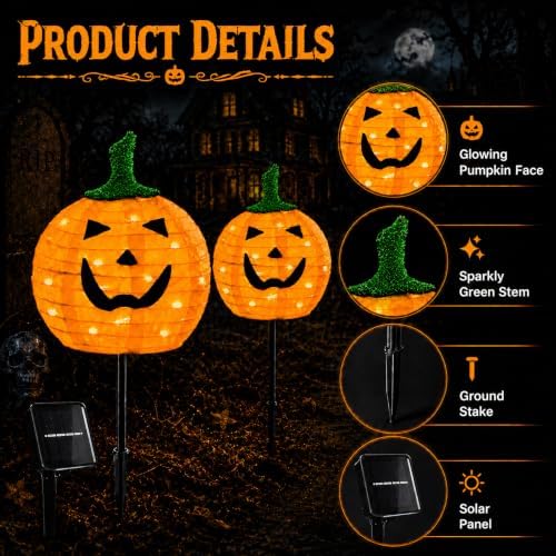 Solar Halloween Pumpkin Lights, 2 Pack Outdoor Pathway Stake Lights - Image 3
