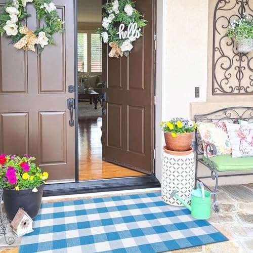 Ckorzen Blue and White Plaid Rug, 4' x 6' Spring Outdoor Front Porch Door Decor Mat, Washable Cotton Woven Farmhouse Area Rug for Layered Door Mats Carpet, Entryway, Easter Décor - Image 4
