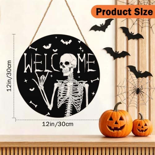 Halloween Skull Welcome Door Sign 12x12 Inch Halloween Wreaths for Front Door Spooky Skeleton Welcome Sign Rustic Wooden Holiday Decor for Front Porch Window Wall Farmhouse Indoor Outdoor - Image 2