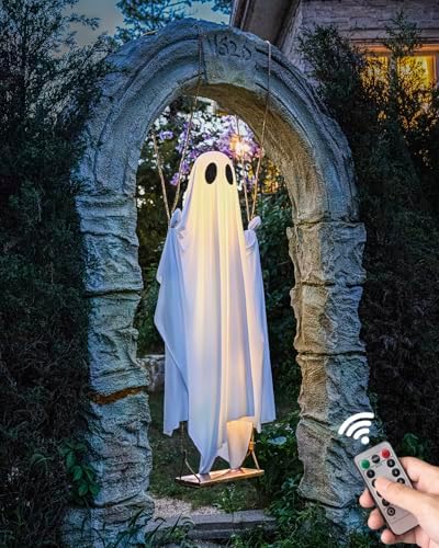 Halloween Decorations Outdoor - 5 FT Large Hanging Swing Ghost Halloween Decor with String Lights, Spooky Cute Ghosts Decorations for Front Porch Yard Tree - Image 3