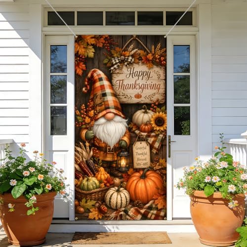 NYZE Happy Thanksgiving Gnome Door Cover, Fall Harvest Pumpkin Sunflower Door Decor, Autumn Maple Leaf Farmhouse Porch Decor for Thanksgiving Indoor Outdoor - Image 6