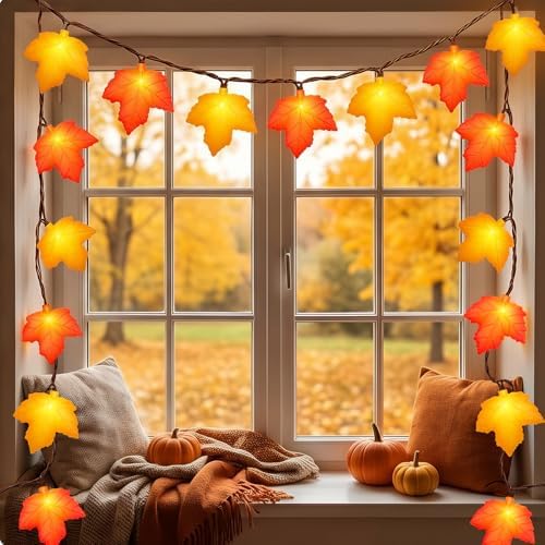 12Ft 20 LED Fall String Lights Plug in Orange Yellow Maple Leaf String Lights Waterproof, for Autumn Home Porch Bedroom Mantel Staircase Fence Fall Decor and Thanksgiving Decorations Indoor Outdoor - Image 2
