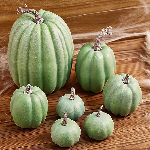 Lizxun 7Pcs Artificial Pumpkins Halloween Decoration, Lifelike Simulation Mixed Harvest Fall Foam Pumpkins for Halloween Thanksgiving Home Party Supplies (Dark Green 01-7pcs) - Image 4