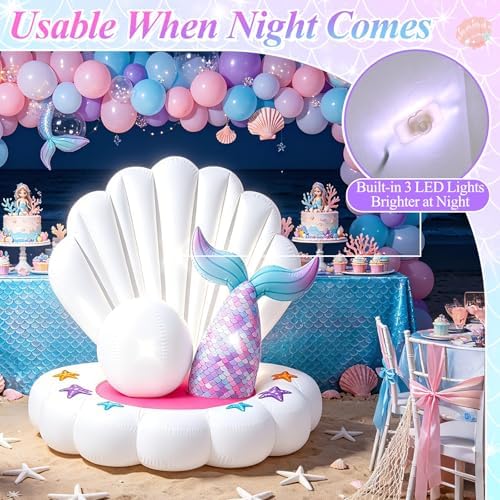 4.6FT Inflatable Seashell with Mermaid Tail for Summer Outdoor Decor, Blow Up Seashell Built-in 3 LED Lights for Mermaid Birthday & Pool Beach Ocean Party Decorations, Yard Garden Indoor Photo Props - Image 4