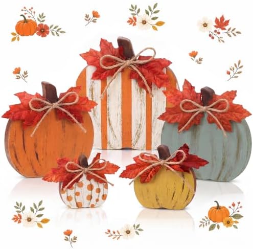 Gerrii 5 Pcs Fall Pumpkin Decor, Rustic Wooden Table Centerpieces, Vintage by Gerrii